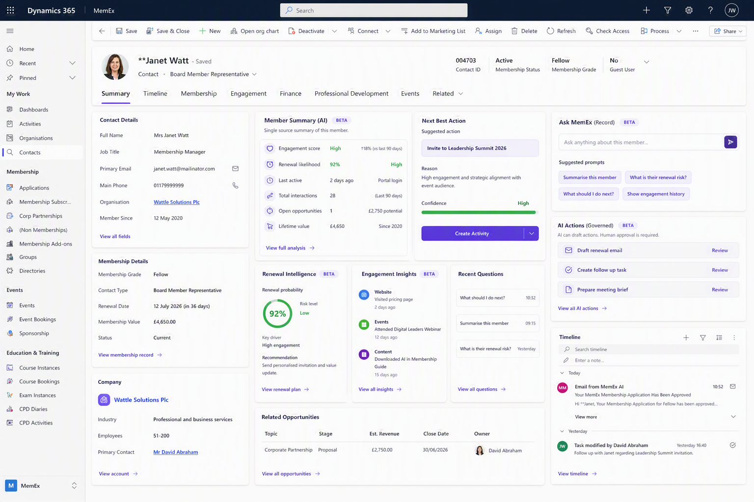 Microsoft Dynamics 365 membership interface